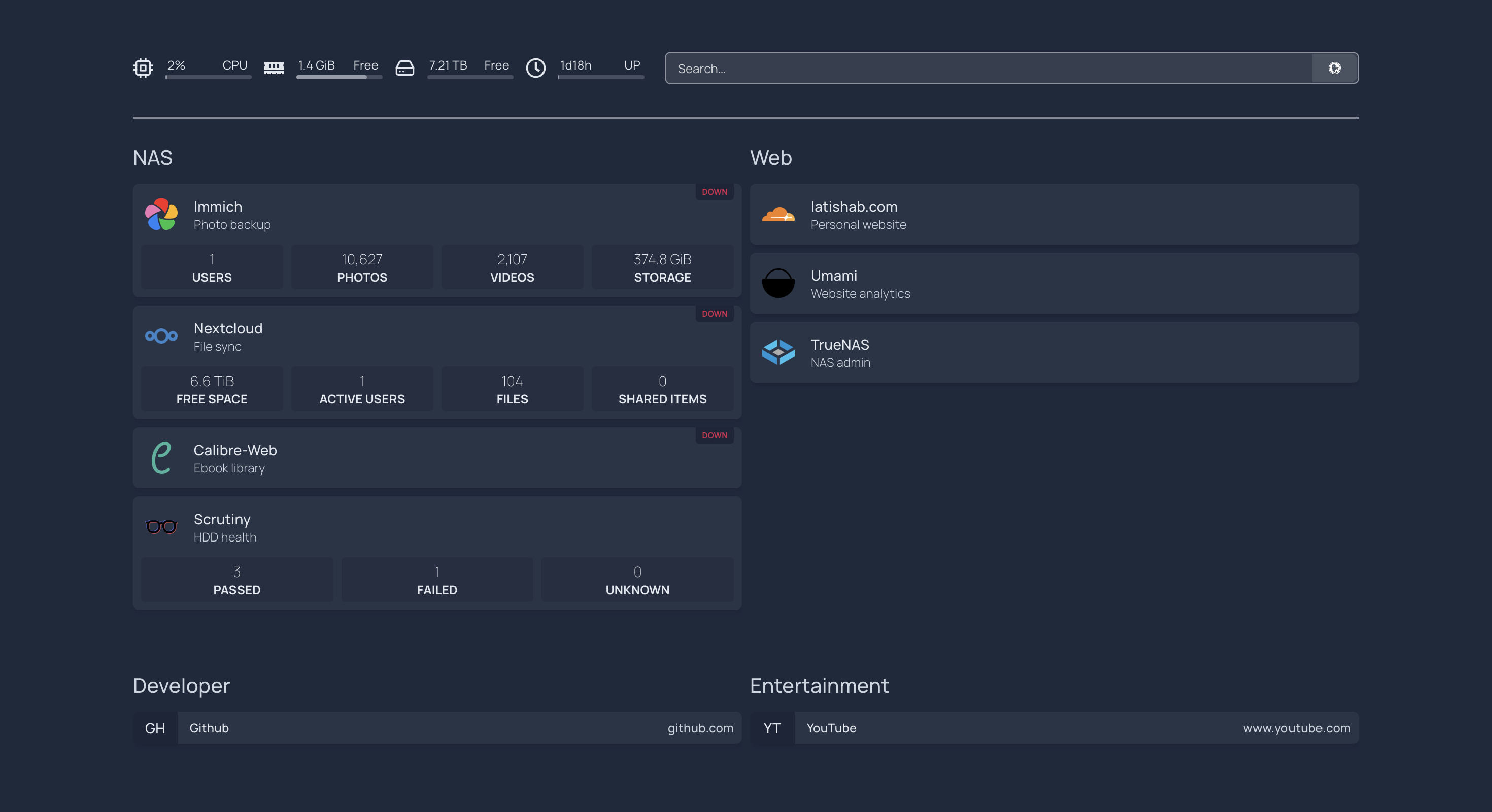 Homepage dashboard showing all self-hosted services
