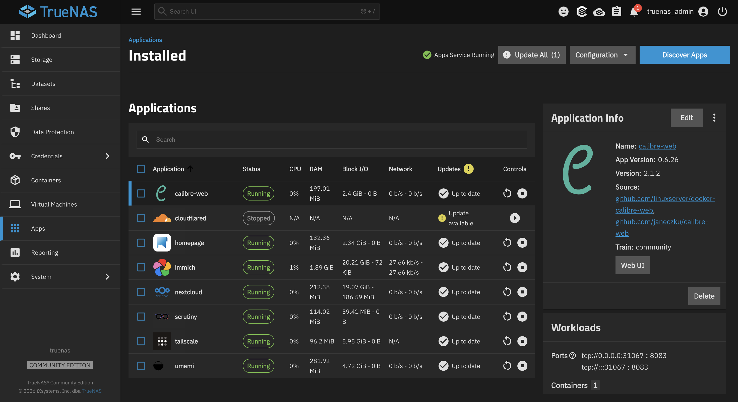 TrueNAS dashboard after installation